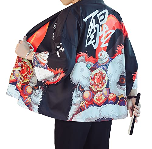 Image of PRIJOUHE Men's Lightweight Kimono Jacket Seven Sleeve Open Front Cardigan Coat Japanese Style Bathrobe