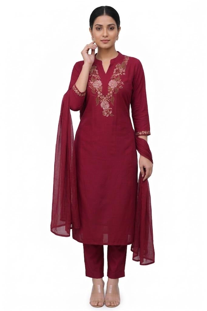 Women's Premium Rayon A-Line Kurta Set with Elastic Pant & Floral Dupatta | Maroon Embroidered 3/4 Sleeve Traditional Suit-picture-27