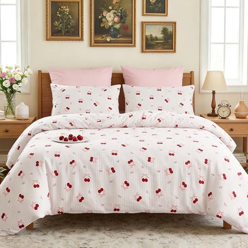 Image of Nayoroom Pink Striped Bow Duvet Cover Queen Size Red Cherry Duvet Cover 3 Pieces Soft Lightweight Microfiber Girls Cute Aesthetic Dorm Bedding Set with Zipper Closure