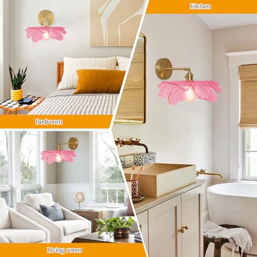 Image of Pink Glass Light Fixture Glass Flush Wall Sconce Lights Vintage Gold Bathroom Vanity Lights with Pink Flower Shape Shade 90 Adjustable Mid Century Rustic Wall Lamp for Over Mirror