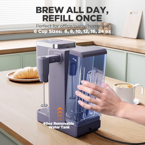 Image of Tastyle 330MF Single Serve Coffee Maker with Built-in Detachable Milk Frother, Iced and Hot Coffee Machine for K Cup & Grounds, 40oz Removable Water Tank, 6 Cup Sizes, Fits 7.3 inch Travel Mug, Purple
