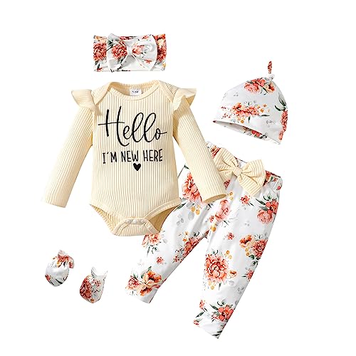 Image of Sinhoon Newborn Baby Girl Clothes Hello I'm New Here Letter Romper+Floral Pants+Hat+Headband+Coming Home Outfits