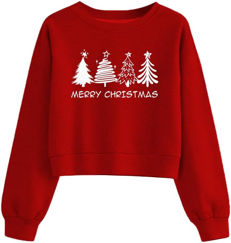 Christmas Sweatshirt for Women Xmas Tree Graphic Long Sleeve Cropped Shirt Merry Christmas Holiday Fall Tops