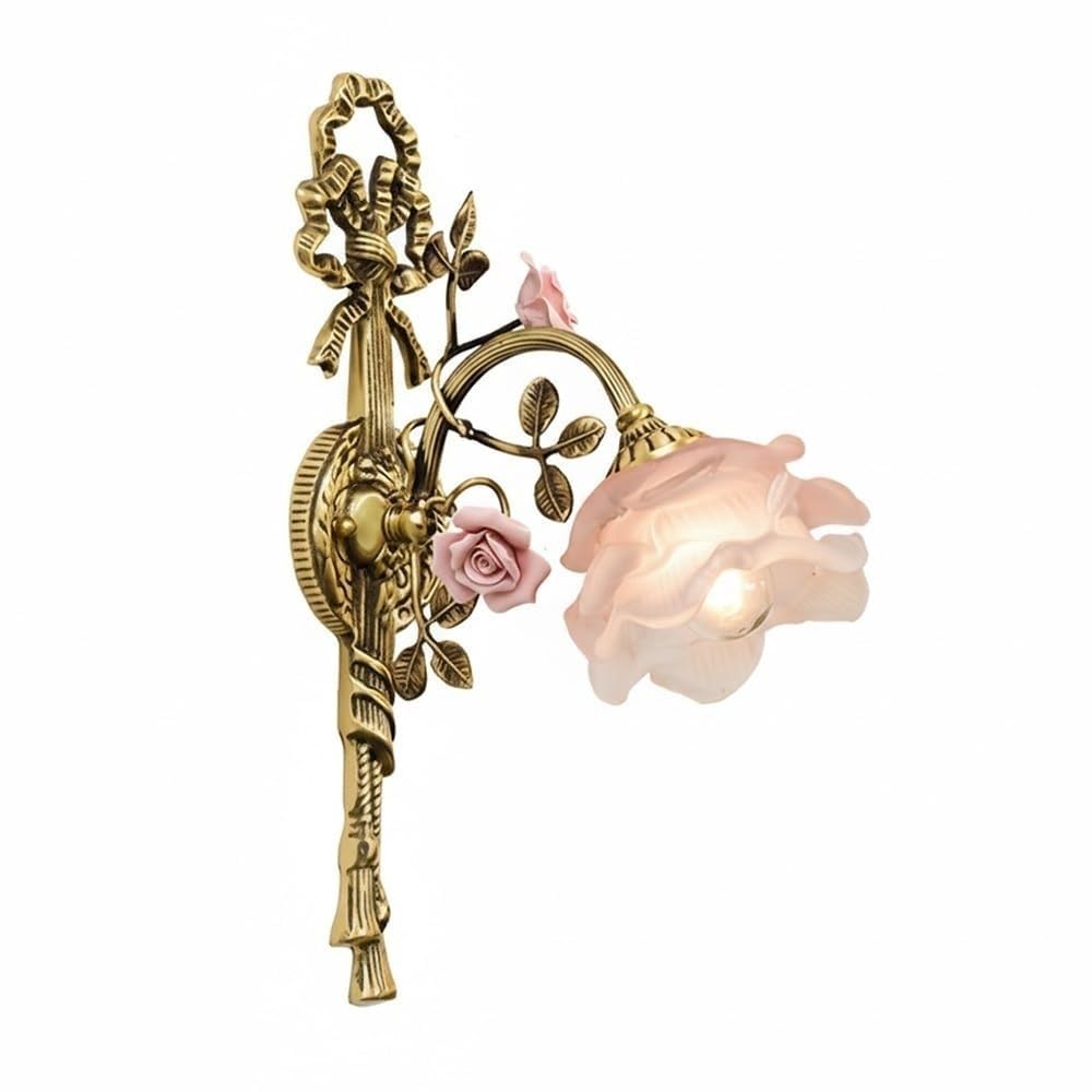 LUOYAOB Vintage Wall Sconce French Country Wall Light Rose Ceramic Glass Shade Wall Lamp Antique Brass Floral Wall Fixture for Bedroom Bedside Hallway Living Room(Pink)