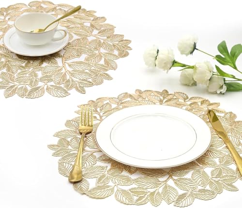 Image of Dakshya Industries Set of 2 PVC Waterproof Round Table Placemats 38x38 cm - Heat Resistant, Non-Slip Dining Table Mats (Gold)