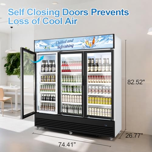 Image of Tylza Commercial Refrigerator, Three Glass Door Display Beverage Fridge, 59.06 Cu Ft Upright Beverage Cooler Merchandiser with Replaceable Advertising Light Board, Rebound Door, Fast Cooling