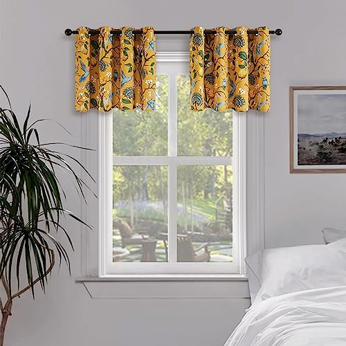 Image of Topfinel Bright Yellow Kitchen Valances 24 Inches Long Vintage Botanical Garden Hummingbird Thermal Insulated Faux Silk Grommet Blackout Small Window Curtains for Track Laundry Kitchen Camper 2 Panels