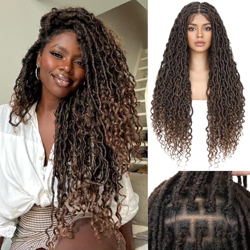 WIGNEE Boho Braided Wig Full Double Lace Front Braided Wig Goddess Faux Locs Wig Pre-Plucked with Baby Hair Embroidery Square Knotless Braided Wigs For Black Women