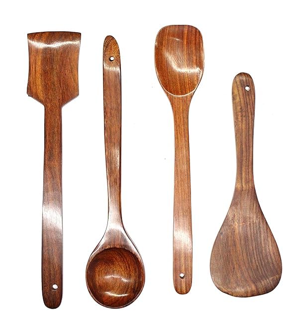 Image of Wooden Kitchen Utensil Set, Brown Walnut Wood, 4-Piece Cooking Spoons and Spatula Collection, Traditional Style