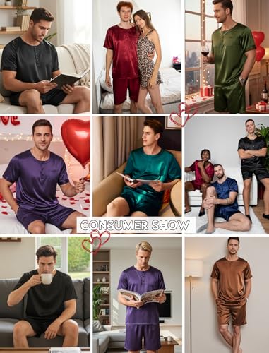 Image of Ekouaer Mens Pajamas Set Silk Satin Pjs Sets Summer Short Sleeve Button Down Sleepwear 2 Piece Loungewear with Pockets