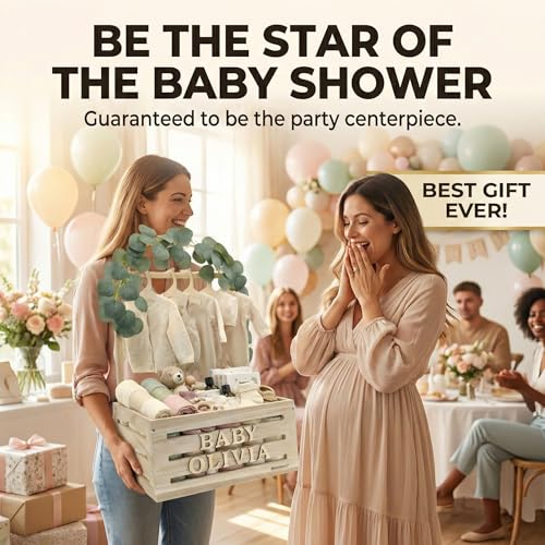 Image of Wooden Baby Shower Crate Closet & Basket with Hanger Rack - Customizable Gift Basket with 2X Alphabet Letter Sets, Eucalyptus, 5 Hangers, Dividers, Nursery Decor Girls Boys (Natural Wood)