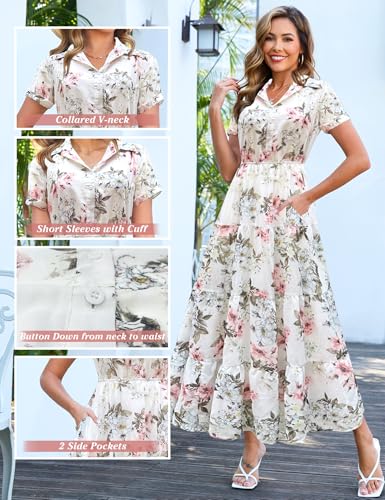 Image of Kranda Women 2026 Summer Collared V Neck Short Sleeve Button Down Chiffon Long Tiered Floral Maxi Dress with Pockets