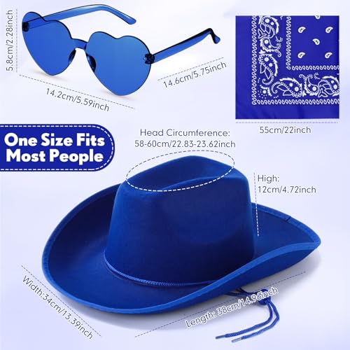 Image of Coume 6 Sets Cowboy Hat with Heart Sunglasses and Paisley Bandanas Western Cowgirl Hat for Cosplay Costume Adults(Royal Blue)
