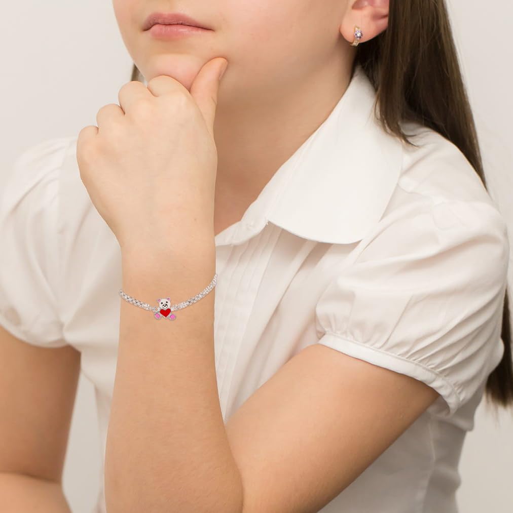 Pulsera infantil de plata de ley 925 con osito abrazando corazón esmaltado rodiado, perfecta para niñas, niños, niñas y amigas, regalo para nacimiento, comunión, bautizo, cumpleaños con caja, 19.0
