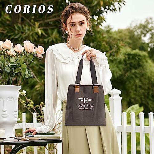 Image of CORIOS Canvas Handbag Women Tote Bag Large Capacity Shoulder Bag Multi-Pockets Top Handle Bag with Zipper Casual Hobo Bag