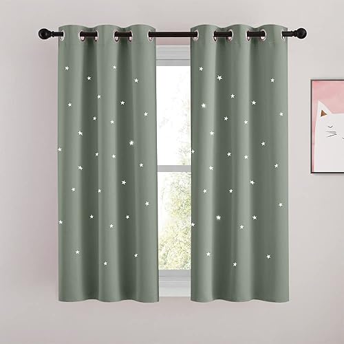 NICETOWN Cortinas de guardería verde salvia con estrellas recortadas, cortinas de oscurecimiento de habitación para niños para decoración de