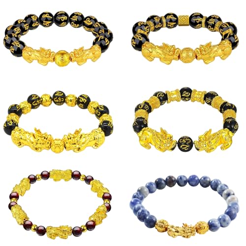 6 Pcs Feng Shui Pixiu Good Luck Bracelets for Men Women Black Obsidian Pixiu Wealth Bracelet Good Luck Charms Bead Bracelets Adjustable Mens Pixiu Bracelet Set