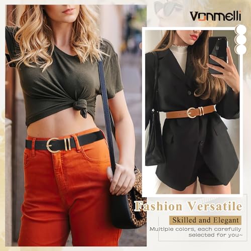 VONMELLI 3 Pack Women's Leather Belts for Jeans Dresses Ladies Waist Belt with Fashion Gold Buckle4