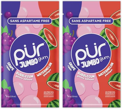 Image of PUR Jumbo Gum | Aspartame Free Chewing Gum | 100% Xylitol | Natural Bubblegum, Grape, Watermelon Flavor, 20 Pieces (Pack of 2)