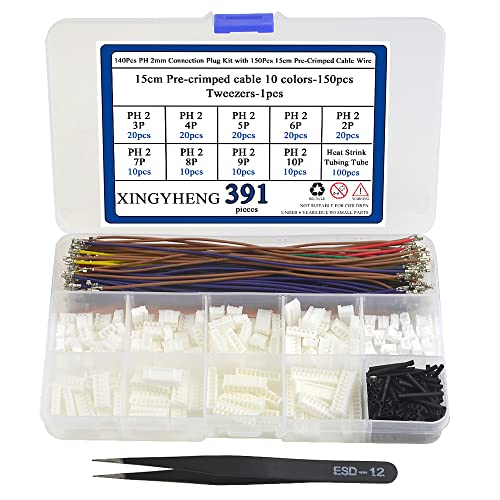 Kit conector JST PH 2mm con 150 cables preprensados de 15cm y terminales de 2 a 10 pines