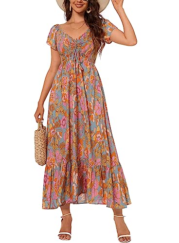 Image of Summer Smocked Boho Maxi Dress for Women 2026 Short Sleeve Floral Smocked Flowy Ruffled Beach Vacation Dresses Lightweight
