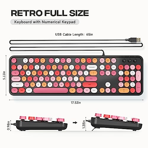 Image of Atelus USB Wired Computer Keyboard - Retro Typewriter Keyboard - Full Size Office Keyboard with Number Pad, Caps Indicators, Foldable Stands, for PC Laptop Desktop Windows (Black Colorful)