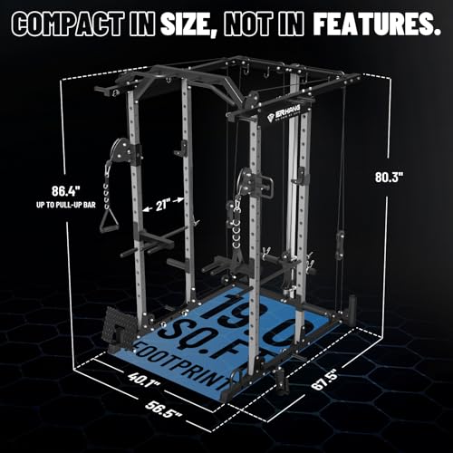 ER KANG Power Cage, 1500LBS Power Rack Cage with Cable Crossover System, Multi-Function Workout Weight Cage with J-Hooks, Band Pegs, Battle Rope Ring Home Gym(Silver Power Cage Only)