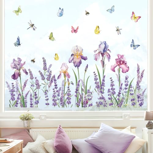 Decalmile Iris Flower Lavender Grass Butterflies Easter Window Decals - Anti-Collision Glass Stickers (W: 116cm/45.7 Inches)