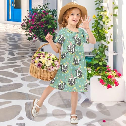 Girls Summer Dress Short Sleeve A Line Cute Skunks Colorful Flowers Casual Dresses for Kids 2-8 Years3