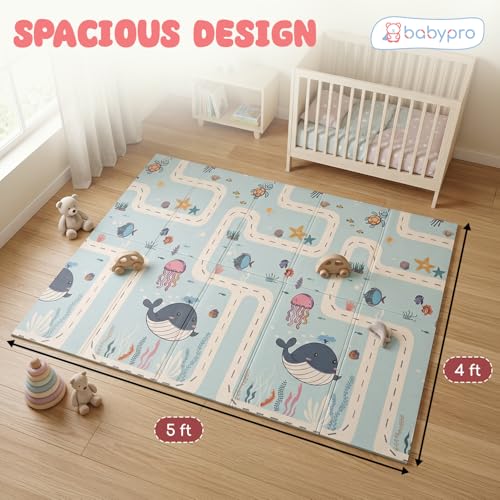 Image of BabyPro 5mm Reversible Baby Playmat, 5 x 4 ft Foldable Mat, Jungle Galaxy | Waterproof, BPA-Free XPE Foam, Non-Toxic Bounce-Back Cushion, XL