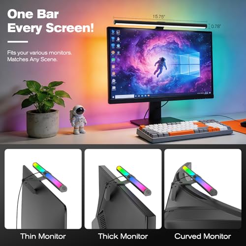 Image of RGB Monitor Light Bar, Eye-Care Dual Light Reading Screen Lamp, 9 Modes Gaming Backlight LED Computer Lamp, 3 Colors Dimmable Frontlight, 15.75'' USB Desk Lights for Home, Office