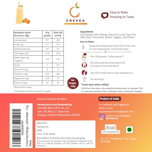 Image of Crevea Peach Mango Smoothie Mix: 7-8 Serves | Natural Fruit Powder, Oats, Chia Seeds | Added Protein & Fiber | No Preservatives | No Refined Sugar - Healthy Drink | Instant Smoothie Powder - 210g