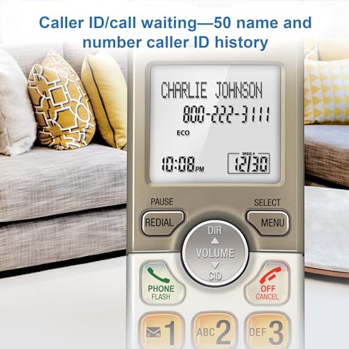 Image of AT&T EL52113 Cordless Phone with Answering System & Extra-large Backlit Keys Light champagne | Digital Answering System, Extra-Large Backlit Keys, Caller ID /Call Waiting, DECT 6.0, Expandable Speakerphone