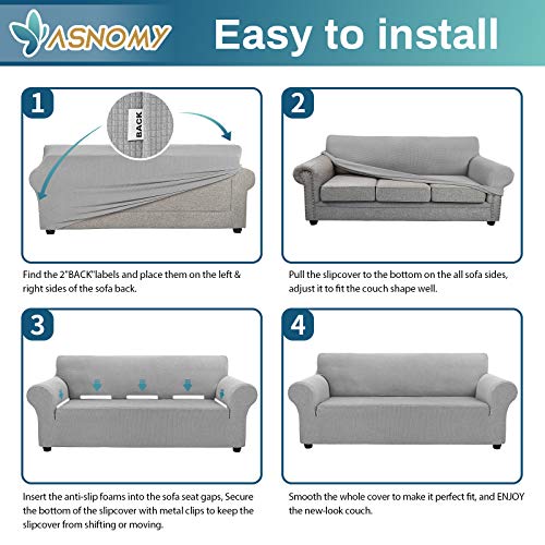Asnomy Couch Covers For 3 Cushion Couch Stretch Sofa Covers Slipcovers, Pet Protector Furniture Covers For Dogs Cats Spandex Jacquard Fabric Small Checks （Large，Silver） thumb #6