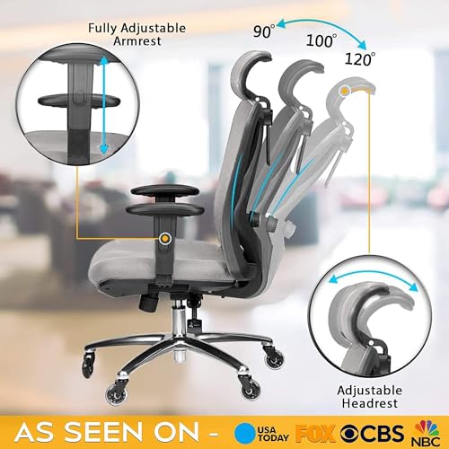 Image of Duramont Ergonomic Office Chair - Adjustable Desk Chair with Lumbar Support and Rollerblade Wheels - High Back Chairs with Breathable Mesh - Thick Seat Cushion, Head, and Arm Rests - Gray