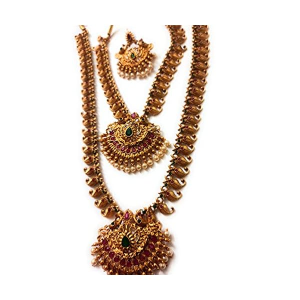 Adyashree Emporium Ruby & Emerald, pearl based mango design Gold plated south Indian Wedding Traditional temple jewellery set. Latest fashion full Combo for Girls & Women - Image 6