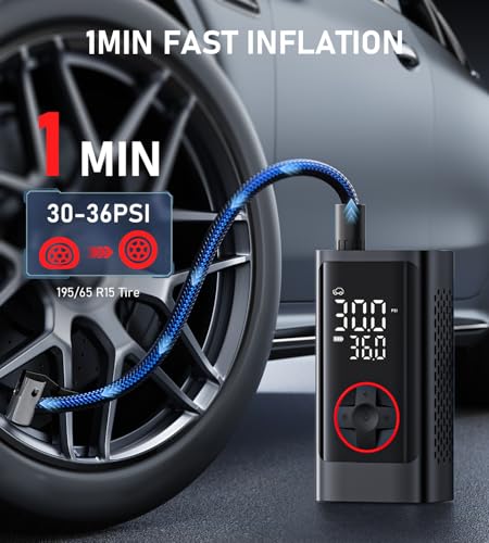 Image of Pumptiva Tire Inflator Portable Air Compressor, Cordless Air Pump for Car Tires, 150PSI Portable Tire Inflator for Car with Auto Stop & LED Lights for SUV Sedan Motorcycle Bike Bicycle Ball