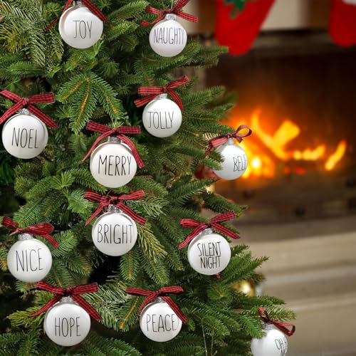 Christmas Ornaments - Set of 12 Shatterproof White Bulbs Adorned with Buffalo Plaid Bows - Rustic Farmhouse Christmas Tree Decorations for Xmas Tree Decor - Image 3