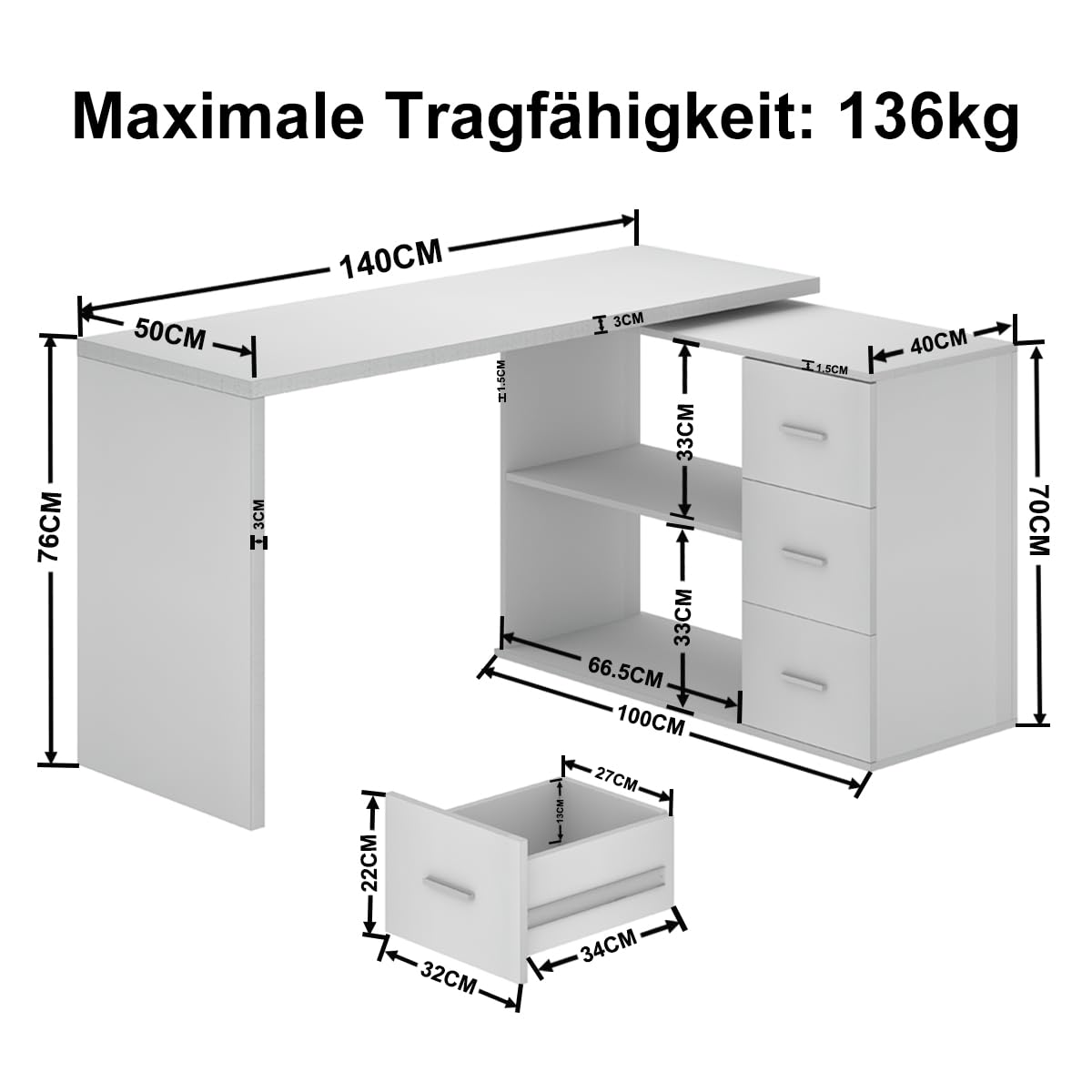 HSH 140cm Schreibtisch l Form Modern Eckschreibtisch Weiß für HomeOffice | Computertisch mit 3 Schubladen und 2 Regalen Wendbarer Eckschreibtisch mit Stauraum für Homeoffice Bürotisch