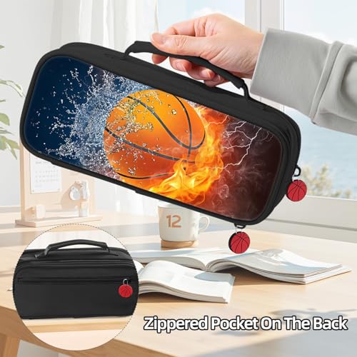 Image of Basketball Pencil Case for Boys - Large Pencil Pouch for Boys with Zipper Compartments & Handle - Big Capacity Pen Organizer Box Bag for Kids Teens School Supplies