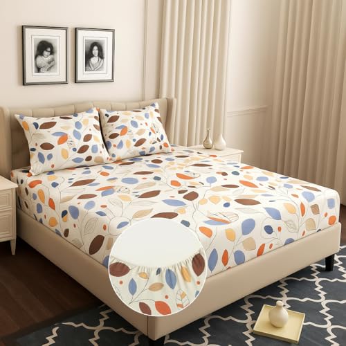Image of HOMEKART 120 TC Cotton Rich Elastic Corner Fitted Bedsheet with 2 Pillow Covers | Double Bed 72x68+6 Inches | Wrinkle-Free, Super Soft & Breathable Floral Design | Leaf Multi