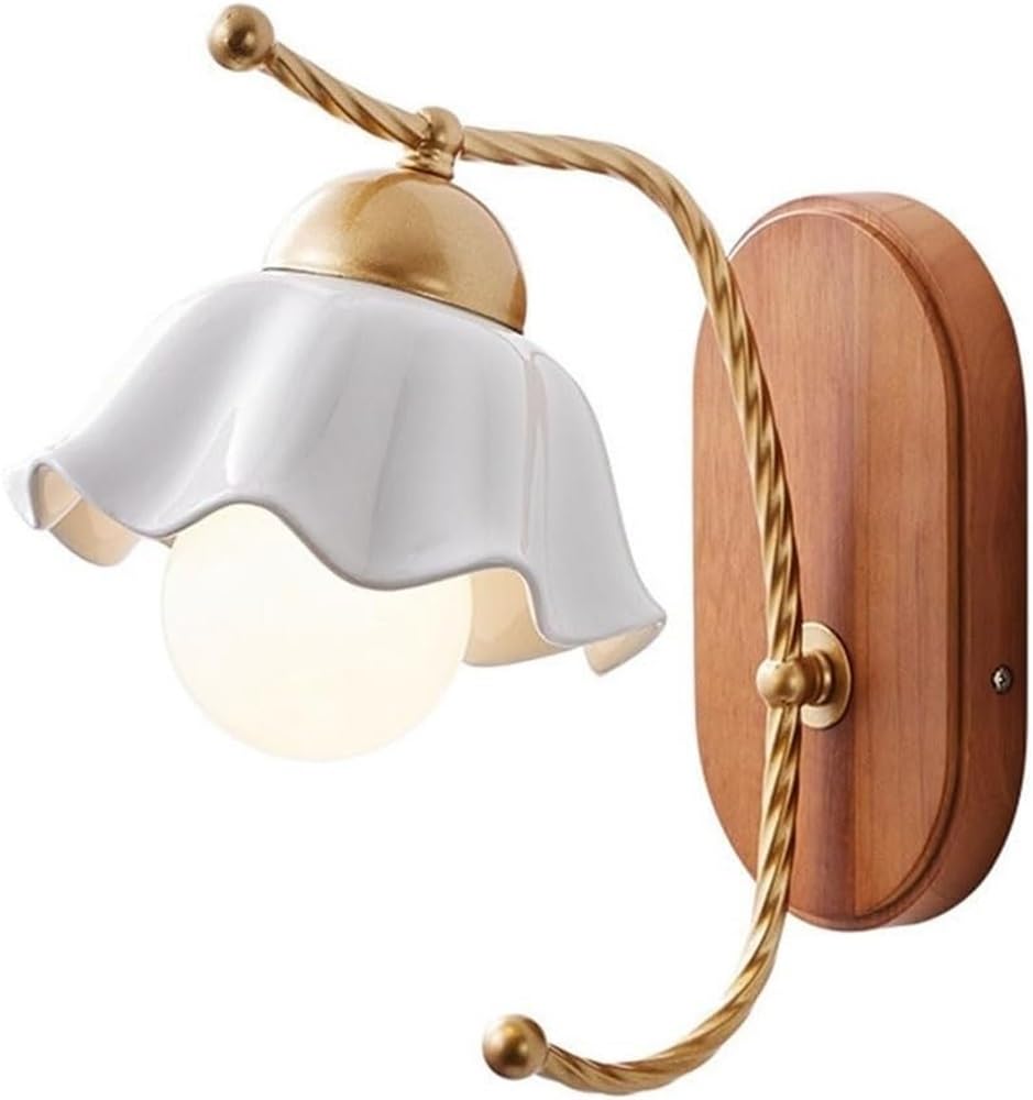 Aplique de Pared para Dormitorio, de cerámica Francesa con Forma de Flor, 33 cm (13 Pulgadas), Brazo de Metal Dorado retorcido con Base de Madera Maciza, Ideal para galerías, ofici