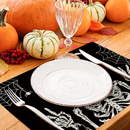 Happy Halloween Placemats 12 X 16 Inch Halloween Skeleton Pumpkin Spider Crow Linen Black Placemats Holiday Reunion Home Kitchen Dining Room Table Decor Set Of 4 #TOP4