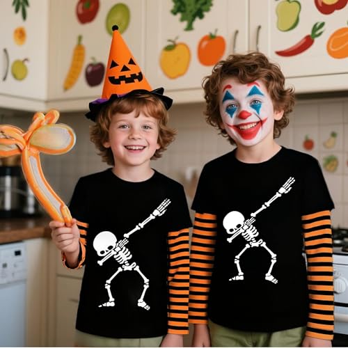 Toddler Boy Girl Halloween Shirt Pumpkin Long Sleeve Stripe Patchwork T-Shirt Baby Glow in The Dark Skeleton Tee Top 2-7T2