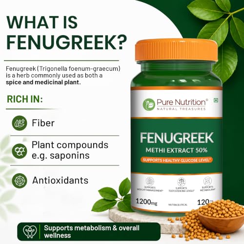 Image of Pure Nutrition Fenugreek 1200mg, Methi Extract 50% Saponins, 120 Veg Capsules, Herbal Supplement for Men and Women, Supports Metabolism and Weight Management