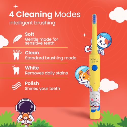 Image of athian UltraSonic Electric Toothbrush for Kids with 2 Brush Heads 40,000 VPM Electric Motor & Rechargeable battery - 4 Super Brushing Modes & Smart timer (2 Brush Heads) (Yellow)