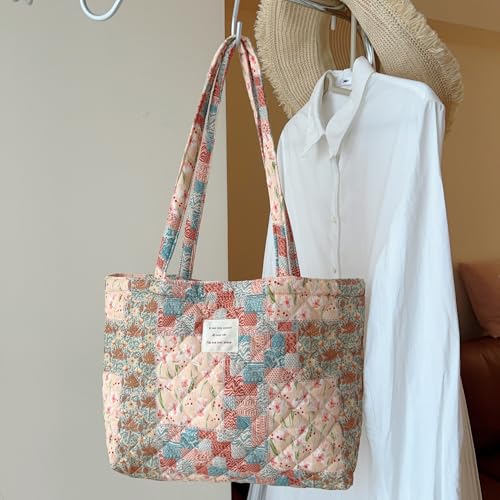 Image of Floral Quilted Cotton Shoulder Bag for Women Medium Size Handbag Large Capacity Thickened Design Tote