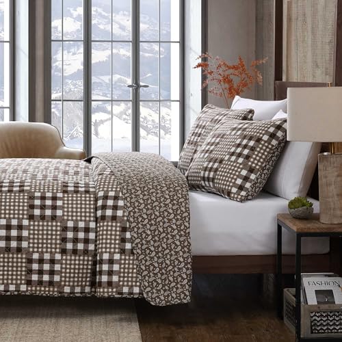 Image of Eddie Bauer - Full /Queen Quilt Set, Reversible Bedding with Matching Shams, Patchwork Luxurious Bedding Set (Gingham Patchwork Brown, Full /Queen)