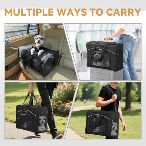 Petsfit Hundetasche Flugzeug 55x40x23 & Flugtasche Hund | Transportbox Katze | Transporttasche Hund Katzen | Sicherer Transport in Auto, Flugzeug und Bahn,mit 2 Platzierung-Methode, L/Schwarz