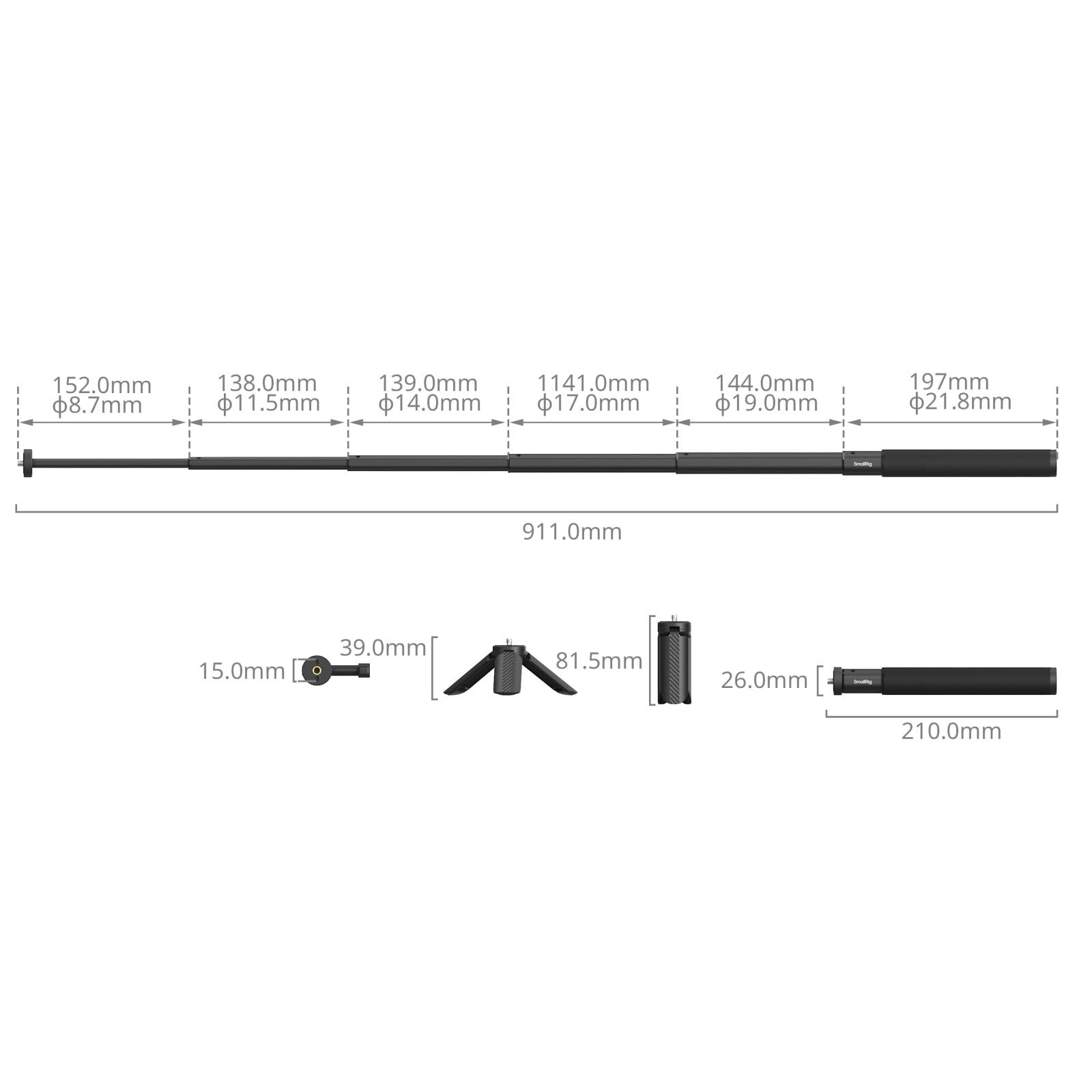 SMALLRIG Selfie Stick for Action Cameras, Extendable 7.8-37.4 inches, with Tripod and Phone Mount Model 5403